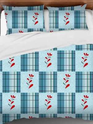 Blue Checkered Leaf Print Double Bedsheet Set with 2 Pillow Covers