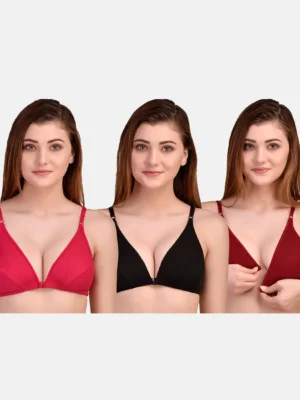 Women’s Multicolor Cotton Bra Set of Three (Red, Black & Maroon)