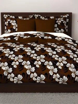 Brown & White Floral Double Bedsheet Set with 2 Pillow Covers