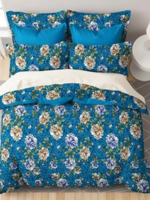 Teal Blue Floral Double Bedsheet Set with 2 Pillow Covers