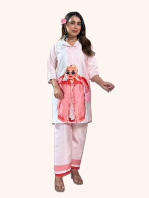 Vatican Figure Print Cotton Co-Ord Set for Women – Kurta & Palazzo (White & Blush Pink)
