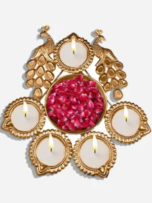 Brass Peacock 5 Diya Urli Bowl | Pooja & Home Decor Floating Brass Table Diya (Height: 1.3 inch)