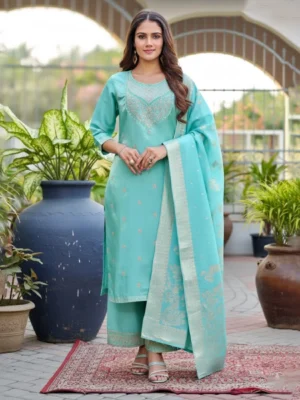 Women’s Sea Green Roman Glass Suit Set with Banarasi Dupatta