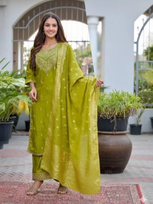 Women’s Olive Green Roman Glass Suit Set with Banarasi Dupatta | Festive & Party Wear Kurta Set