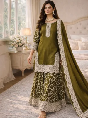 Olive Green Heavy Fandy Silk Embroidered Kurti Plazo Set with Dupatta for Women