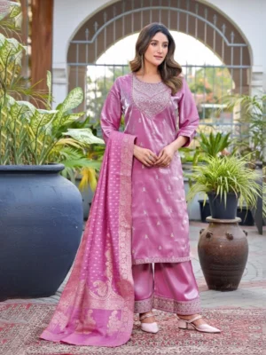 Women’s Pink Roman Glass Suit Set with Banarasi Dupatta | Festive & Wedding Wear Kurta Set