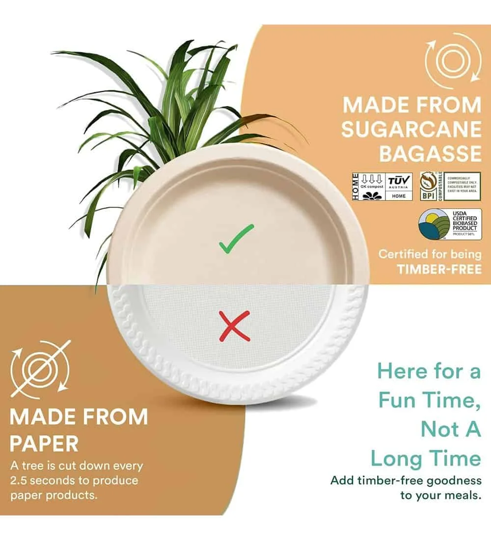 Eco-Friendly Disposable Bagasse Plates – 6” Beige, 50 Pack - Image 5